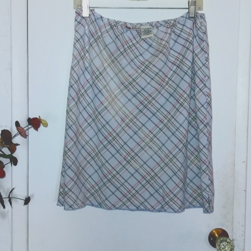 Faded Glory skirt, XL(16/18), faded baby blue salmon yellow gray plaid